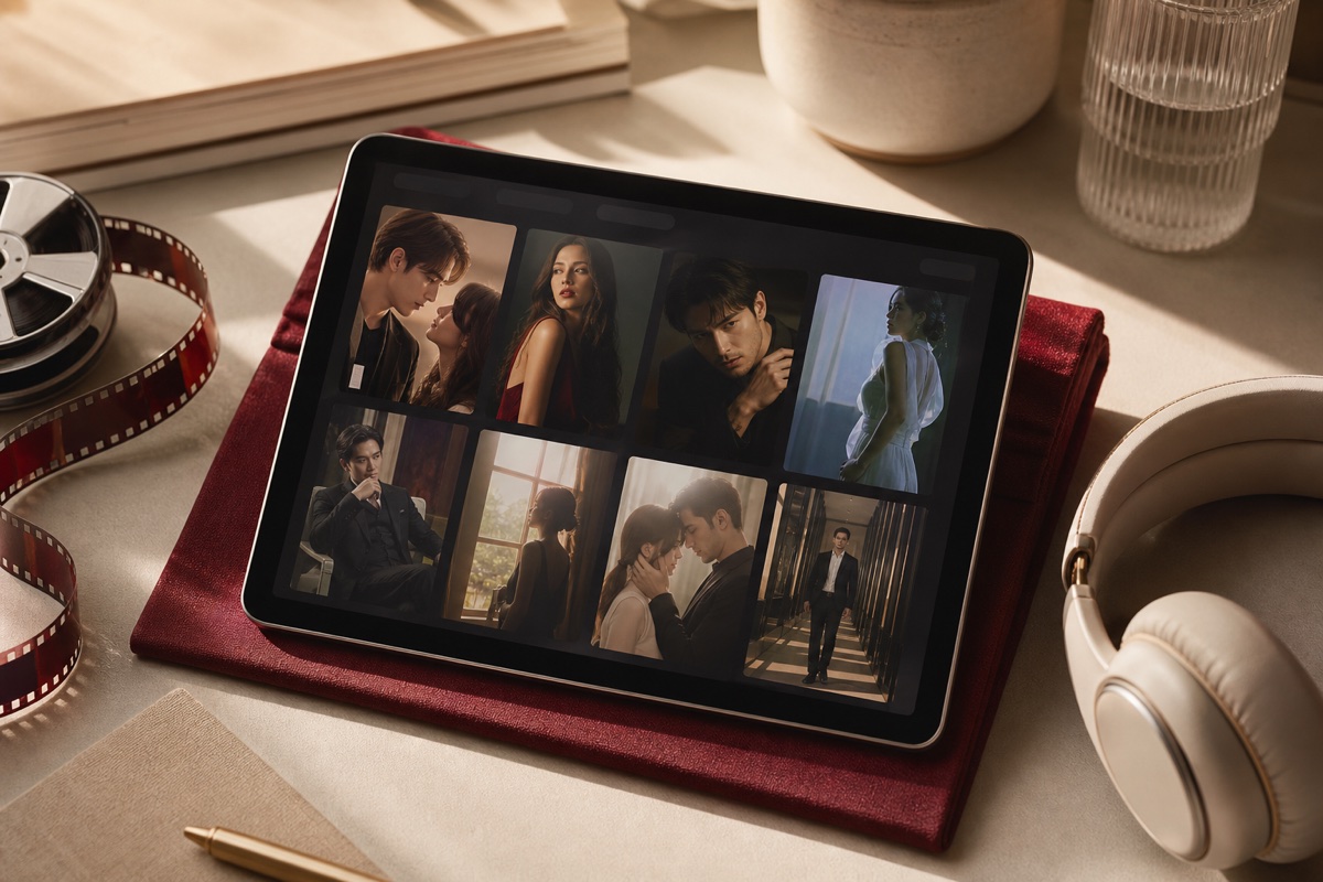 A tablet showing an organized library of short-drama clips