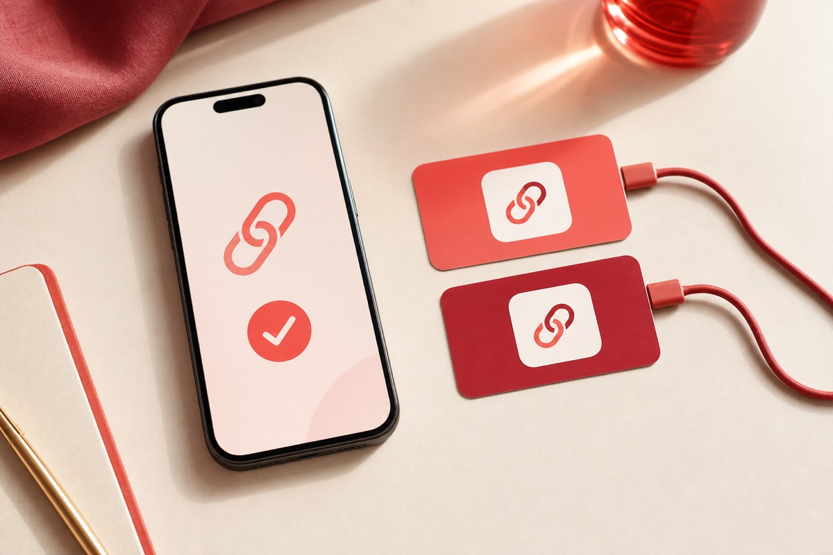 A phone and matching link cards with a check mark