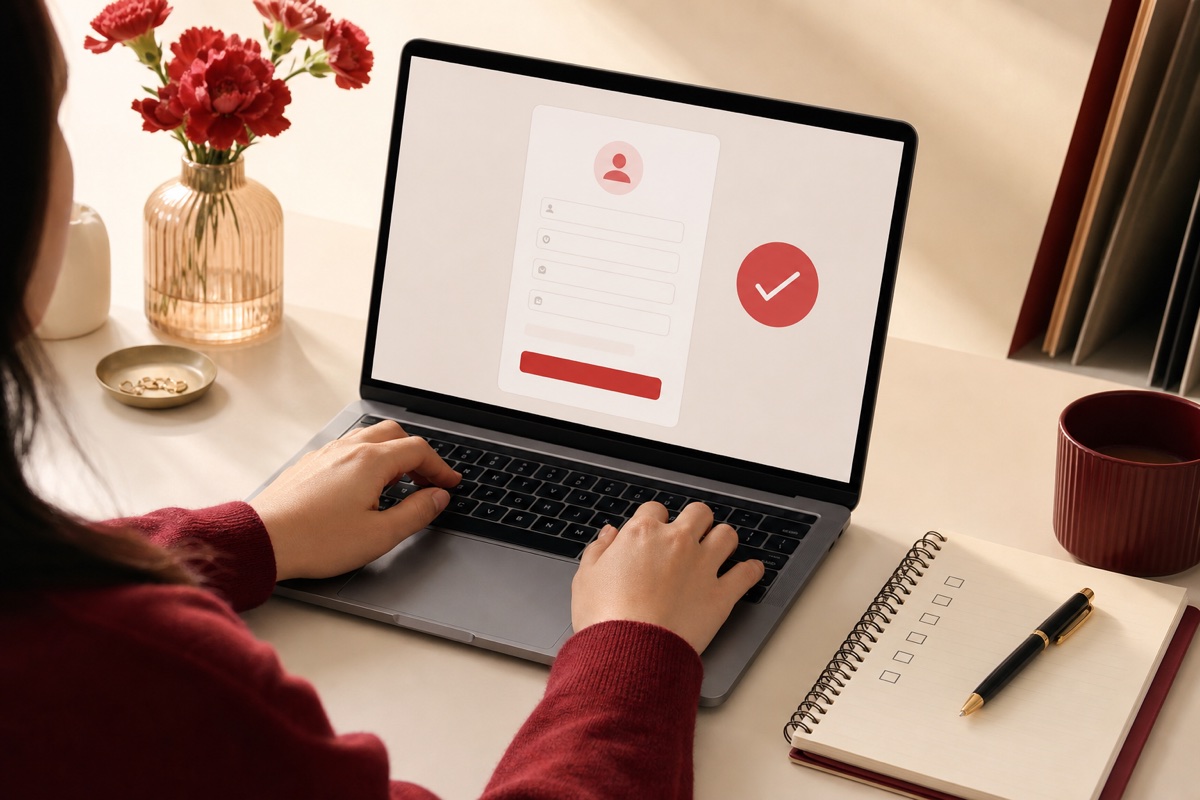 A creator completing a registration form on a laptop