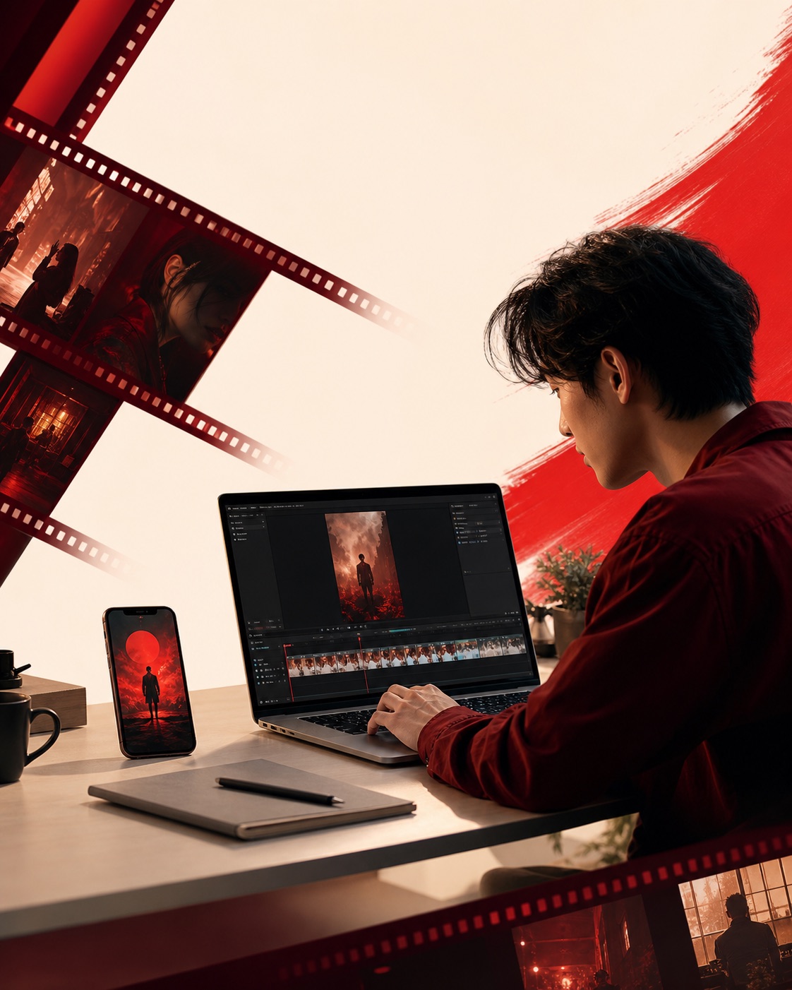 A creator editing a vertical short-drama video at a desk